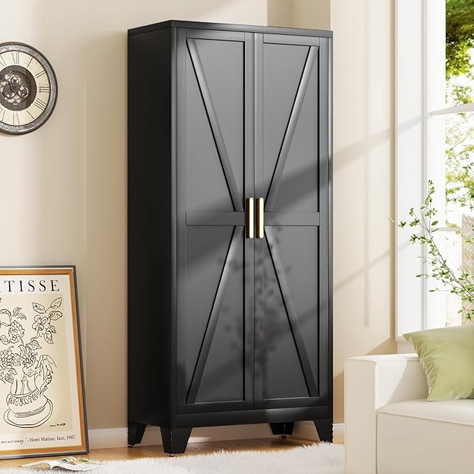 Baborokic 71H Tall Metal Storage Cabinet with 2 Doors and Adjustable Shelves,Farmhouse Storage Cabinet with Barn Doors,Pantry Storage for Home,Office,Bathroom,Dining Room,Kitchen(Black)