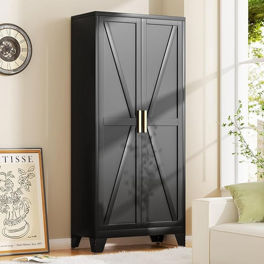 Baborokic 71H Tall Metal Storage Cabinet with 2 Doors and Adjustable Shelves,Farmhouse Storage Cabinet with Barn Doors,Pantry Storage for Home,Office,Bathroom,Dining Room,Kitchen(Black)