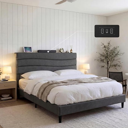 EnHomee Queen Bed Frame with Adjustable Height Upholstered Headboard, Charging Stations, Noise-Free Platform Bed,No Box Spring Needed, Easy Assembly,Grey