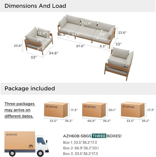 Acanva Vento 3-Piece Outdoor Patio Furniture Set, Couch & 2 x Armchairs | All-Weather Aluminium Frame, Water-Resistant Olefin Cushions, Patio Conversation Sets for Backyard, Garden, Porch