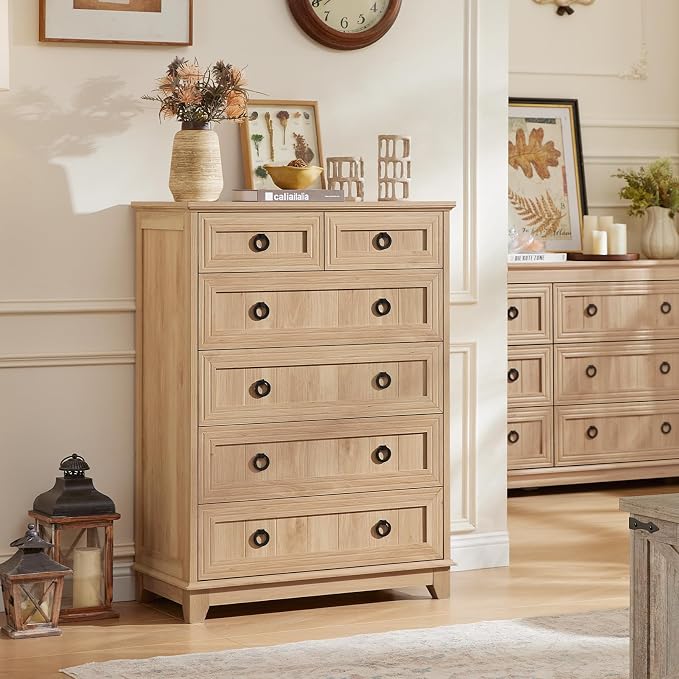 Joaxswe Farmhouse 6 Drawer Dresser for Bedroom, 41" Tall Small Dressers & Chest of Drawers, Rustic Wood Dresser with Metal Handle, Storage Organizer Closet for Living Room, Hallway, Entryway