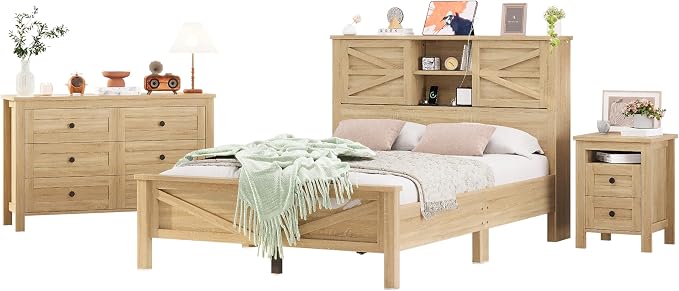Farmhouse 3-Pieces Bedroom Sets, Queen Size Platform Bed with a Nightstand and 6-Drawer Storage, Wood Platform Bed with Double Sliding Door Storage Headboard and Charging Station (Queen)