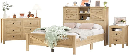 Farmhouse 3-Pieces Bedroom Sets, Queen Size Platform Bed with a Nightstand and 6-Drawer Storage, Wood Platform Bed with Double Sliding Door Storage Headboard and Charging Station (Queen)