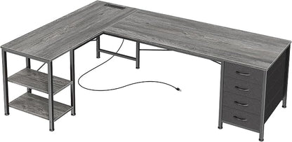 Huuger 55 Inch L Shaped Desk with Fabric Drawers, Reversible Computer Gaming Desk with Power Outlets and USB-C Port, Adjustable Side Storage Shelves, for Work Study Corner Home Office, Grey,1CD078H