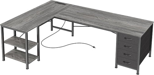 Huuger 55 Inch L Shaped Desk with Fabric Drawers, Reversible Computer Gaming Desk with Power Outlets and USB-C Port, Adjustable Side Storage Shelves, for Work Study Corner Home Office, Grey,1CD078H