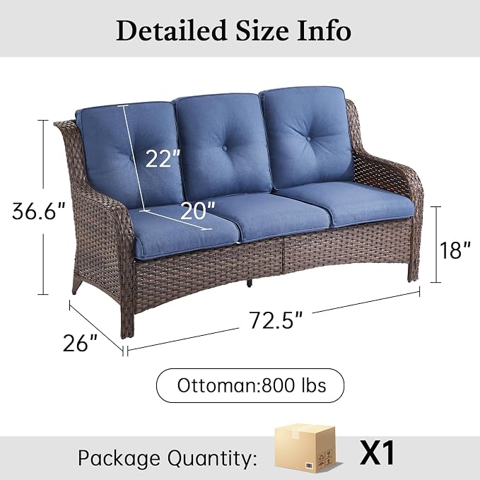 Outdoor Couch All Weather PE Wicker Patio Sofa Outdoor Sofa Deep Seating for Porch Deck Backyard-Brown/Blue