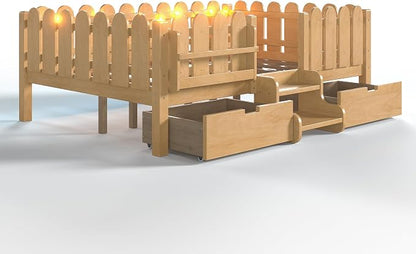 Bellemave Full Size Montessori Bed with Stairs, Lights, Rails and Slats, Full Size Montessori Floor Bed with Bookshelf and 2 Storage Drawers, Easy Assemble Beds Frame for Girls, Boys, Light Natural