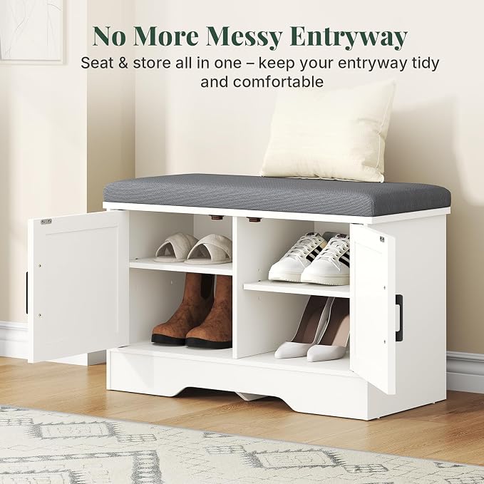 DUMOS 28 Inch Storage Bench, Shoe Organizer Cabinet with Thickened Padded Seat Cushion, Entryway Bench with 2 Doors & Adjustable Shelf for Hallway, Bedroom, Living Room, White