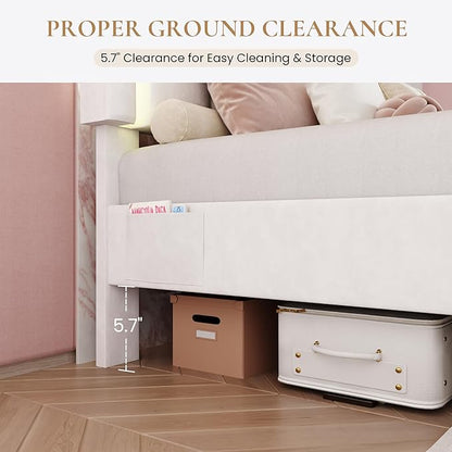 SHA CERLIN Upholstered Queen Size Bed Frame with LED Lights and Large Storage Drawer, Velvet Platform Bed with Adjustable Wavy Headboard, Noise Free, Easy Assembly, No Box Spring Needed, Soft White