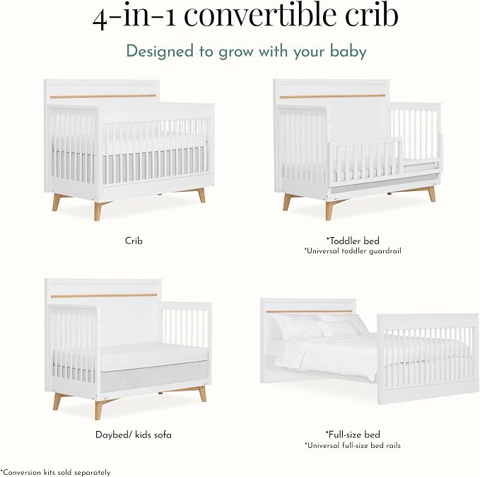 Evolur Loft Antilia Mid-Century 4-in-1 Convertible Crib in White & Natural, GREENGUARD Gold Certified, Converts to Toddler Bed, Daybed & Full Bed, Fits Standard Crib Mattress, Adjustable Mattress Base