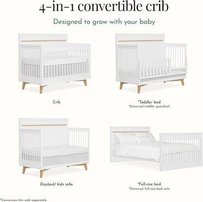 Evolur Loft Antilia Mid-Century 4-in-1 Convertible Crib in White & Natural, GREENGUARD Gold Certified, Converts to Toddler Bed, Daybed & Full Bed, Fits Standard Crib Mattress, Adjustable Mattress Base