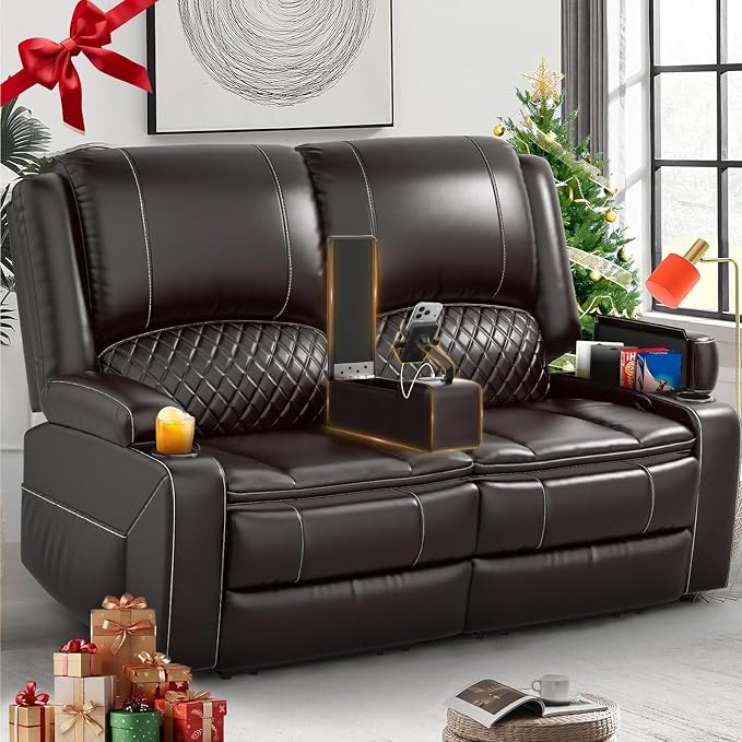 Yolsali Loveseat Recliner Sofa, Manual Wall Hugger Reclining Loveseat with Removable Armrest, 2-Tier Cushions, USB Ports & Cup Holders, RV Couch for Travel Trailers/Living Room, Brown