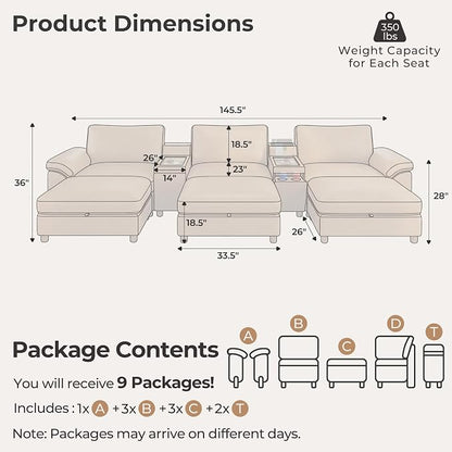 SITJOY Large Cloud Couch, 146" Wide 3 Seater Sofa Bed with Console, Brown | Pet-Friendly Scratch-Resistant Leather Sectional Sofas for Living Room, Deep Seat Wide Couch with Chaise, Storage Ottoman