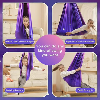 Sensory Swing for Kids and Adults Indoor & Outdoor Double Layer Therapy Cuddle Holds up to 300lbs Adjustable Hammock Chair with 360° Swivel Hanger Kit Effect for Aspergers Autism ADHD(Galaxy Purple)