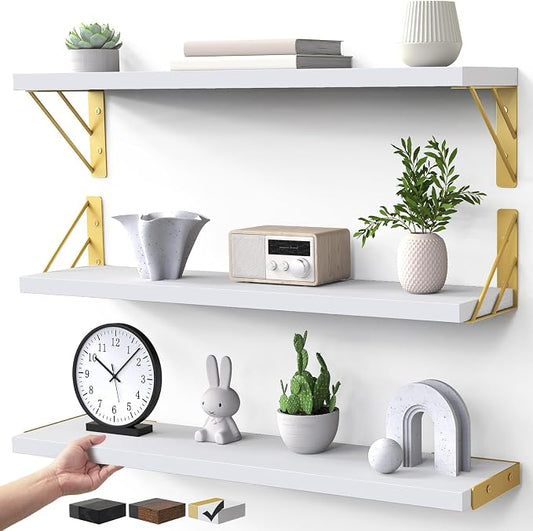 BAYKA Wall Shelves for Bedroom Decor, Floating Shelves for Living Room Kitchen Storage, Wall Mounted Rustic Wood Shelves for Kids Books,Corner Shelves for Bathroom(White and Gold，23in，Set of 3)