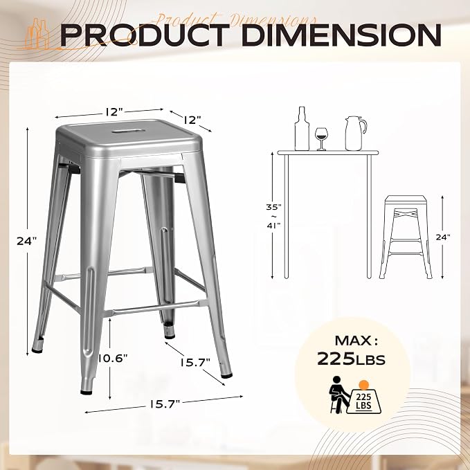 Furmax 24 Inch Metal Bar Stools Set of 4, Counter Height Bar Stools Height High Backless Stools Industrial Stackable Bar Chairs for Dining Room Kitchen Indoor Outdoor Stools Bar Chairs (Sliver)