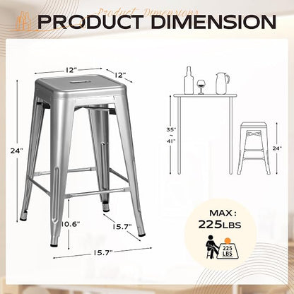 Furmax 24 Inch Metal Bar Stools Set of 4, Counter Height Bar Stools Height High Backless Stools Industrial Stackable Bar Chairs for Dining Room Kitchen Indoor Outdoor Stools Bar Chairs (Sliver)