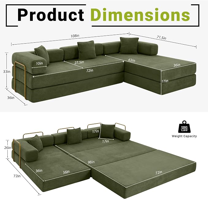 ivoros 108" Oversized Convertible Sleeper Sofa Bed, Corduroy L Shape Sectional Couch, Folding Sofa Bed with Fixed-Shape Frame, Modern Cloud Floor Mattress Couch, Modular Sofa for Living Room, Green