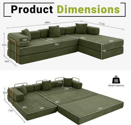 ivoros 108" Oversized Convertible Sleeper Sofa Bed, Corduroy L Shape Sectional Couch, Folding Sofa Bed with Fixed-Shape Frame, Modern Cloud Floor Mattress Couch, Modular Sofa for Living Room, Green