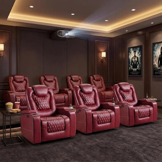 ANJ Power Recliner Chair Set of 7, Electric Soft Faux Leather Reclining Home Theater Seating - USB Ports, Cup Holders, Hidden Arm Storage Movie & Media Room Chairs (Red)