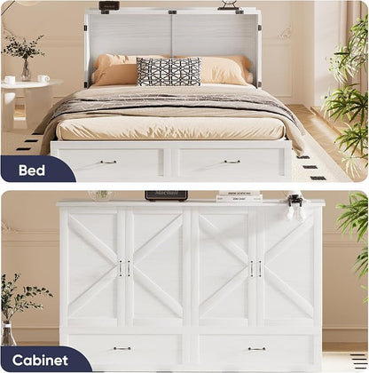 ijuicy Queen Murphy Cabinet Bed, Storage & Charge, No Mattress, White | Queen Murphy Bed Built-in multifunctional charging station & storage drawers, space-saving foldaway design for guest room.