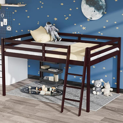 VINGLI 47'' Tall Junior Low Loft Bed with Stairs, Wood Loft Bed Twin Size for Adults, Kids and Young Teens, No Box Spring Required,Wood Slat Support, Espresso