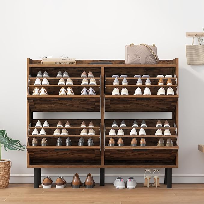 Shoe Cabinet for Entryway, 3 Layers Shoe Cabinet Storage with 4 Flip Drawers, Metal Legs Shoe Storage, Shoe Organizer Cabinet Adjustable Shoe Rack Cabinet