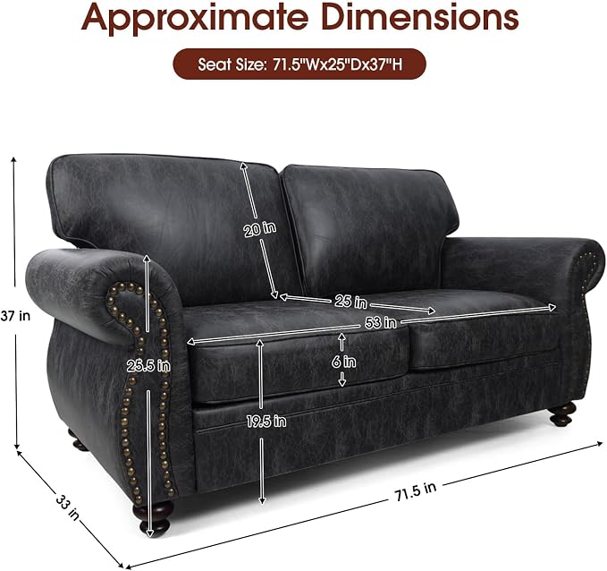 Couchus Mid-Century Vintage Sofa Couches with Rivet Design,loveseat Sofa,Removable Sofa Cover Upholstered Cushions and Solid Wood Frame (Grey, Loveseat)