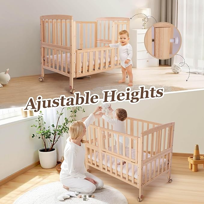 Flwrgirl Convertible Mini Baby Crib - Portable Bedside Bassinet with Mattress Included,5 Heights Baby Crib with Wheels for Newborns,Infant 0-18 Months,Unpainted