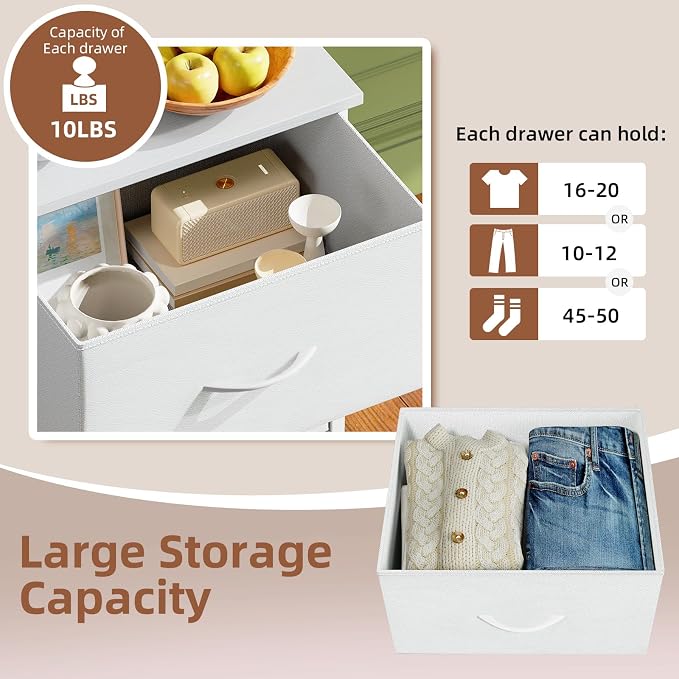 Somdot Tall Dresser for Bedroom with 6 Drawers, Storage Organizer Chest of Drawers with Removable Fabric Bins for Closet Bedside Living Room Laundry Entryway Hallway, White Leather