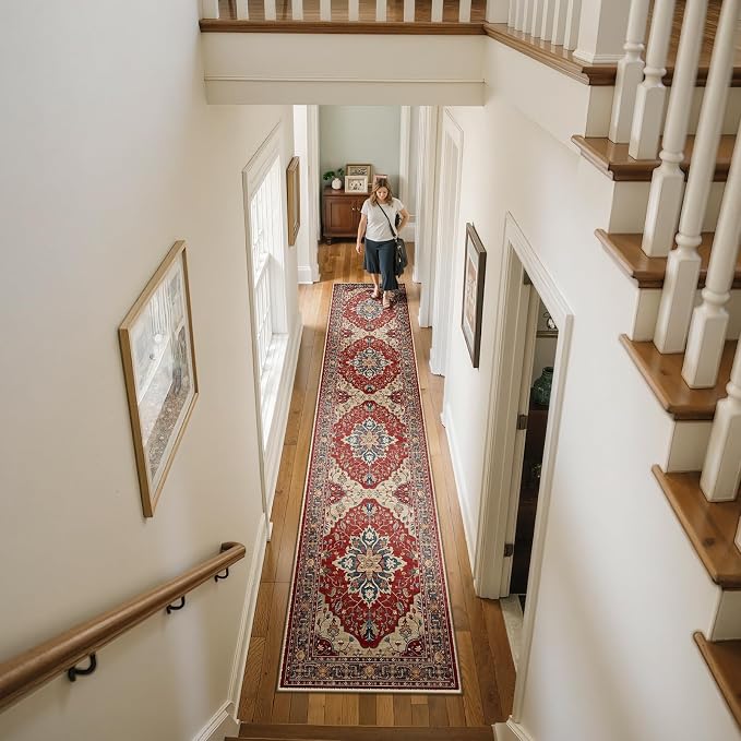 RELEANY Area Rugs Runner 2'x10' Washable Non-Slip, Floral Vintage Distress Medallion Carpet for Kitchen Hallway Bedroom Beside Laundry Room Bathroom, Red Blue