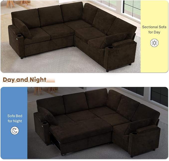 85" Chenille Sectional Sofa w/Pull Out Bed & Storage Space, Brown | Upholstery L Shaped Couch w/Cup Holders, Modern Corner Sofa w/USB Charging Port & Throw Pillow for Living Room