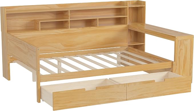 Merax Full Size Wood Daybed, Corner Bed Frame with Storage Shelves, 2 Drawers & Study Desk & Built-in Workspace, Multi-Functional Wooden Bed Space-Saving for Bedroom, Dorm, Guest Room, Natural