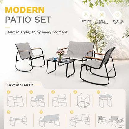 DWVO 4-Piece Patio Furniture Set, Textilene Conversation Set with Wooden Armrest Rocking Chairs and Tempered Glass Table for Indoor Outdoor Patio Lawn Garden Poolside, Grey