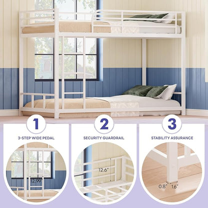 Low Metal Bunk Bed Frame for Kids, with Built-in Ladder, High Guardrail and Metal Slats, Floor Bed Bottom Bunk, No Boxspring Required, for Small Spaces, Twin-Over-Twin (White)