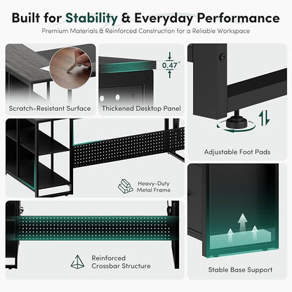 MALOL 70.3" L-Shaped Office Desk, Reversible L-Shaped Computer Desk with Power Outlet, Large Executive Desk with Locked File Drawers & Storage Shelves, Pegboard, Mobile CPU Stand, Modern Corner Desk