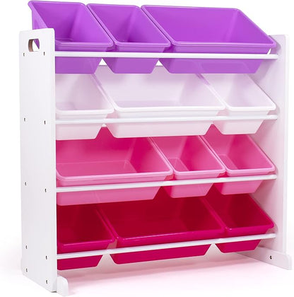 Humble Crew Toy Storage Organizer with 12 Removable Storage Bins for Kids Playroom, 4-Tier Toddler Toy Organization, White/Purple/Pink