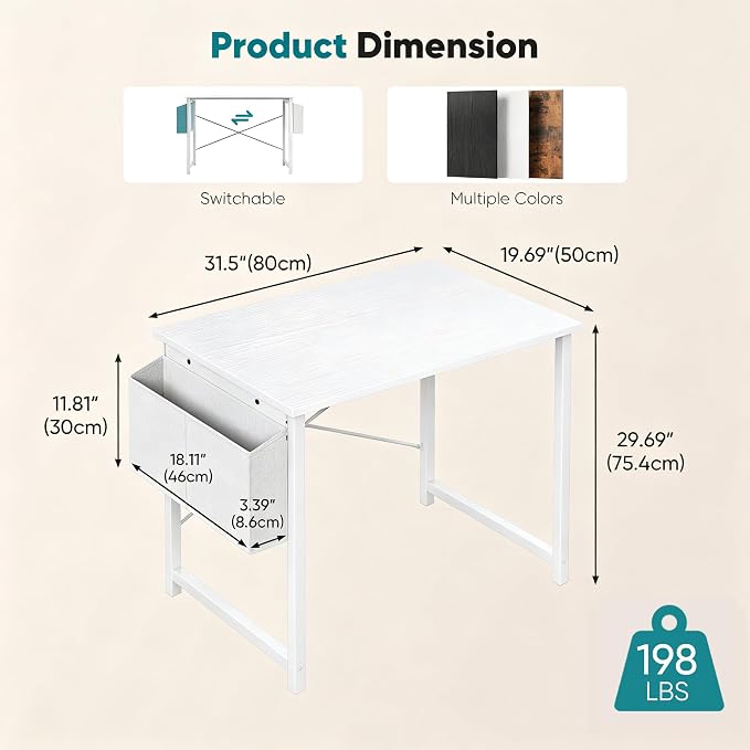 OLIXIS Small Computer Desk, 31 Inch Home Office Desks, Writing Study Craft Work Gaming Table, Computer Workstation for Bedroom Small Spaces with Storage Bag, All White