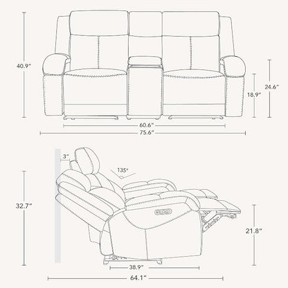 Watson & Whitely Power Reclining Sofa and Loveseat Sets, Genuine Leather Sofa Recliner Couch Set with Power Headrest, Storage Console, USB Ports, Cup Holders, Living Room Furniture Set, Grey