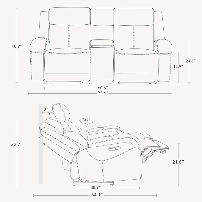 Watson & Whitely Genuine Leather Power Loveseat Recliner Sofa, Wall Hugger Loveseat Reclining Sofa with Storage Console, Power Headrest, Cup Holders, Dual Recliners for Living Room, RV, Saddle Brown