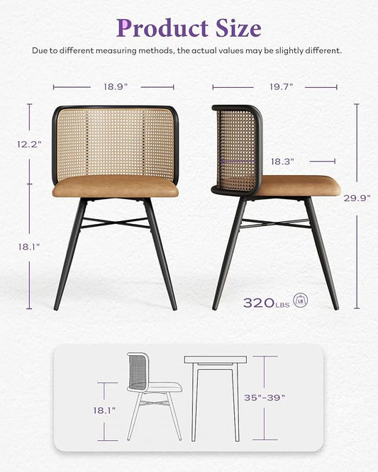 TYBOATLE Farmhouse Rattan Dining Chairs Set of 4 (Brown) | Boho, Natural Cane Woven Back, Faux Leather Seat, Metal Legs, Upholstered, Kitchen, Dining Room