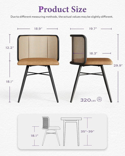 TYBOATLE Farmhouse Rattan Dining Chairs Set of 6 (Brown) | Boho, Natural Cane Woven Back, Faux Leather Seat, Metal Legs, Upholstered, Kitchen, Dining Room