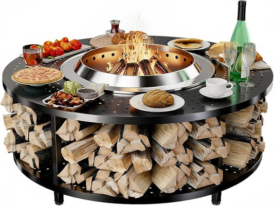 Fire Pit Surround Tabletop for Solo Stove Bonfire 1.0&2.0 and Ranger 1.0&2.0, 41" Fire Pit Surround Tabletop with Wood Storage Shelf, Powder-Coated Steel Surround Tabletop with Extra Space