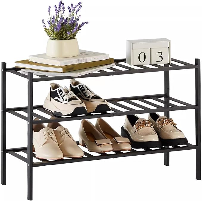 Shoe Rack Multi Tier Storage Organizer Wide Metal Shoe Shelf for Closet Entryway, Bamboo Stackable Multi-Layer Shelf Doorway Simple Folding Shoe Rack