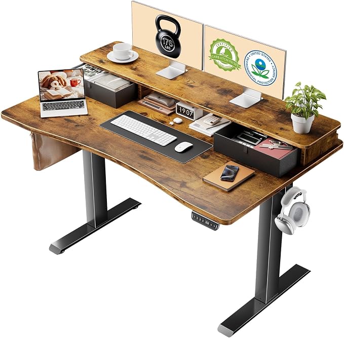 Veken 47.2"×27.6" Standing Desk with Storage Drawers, Adjustable Height Computer Table with Monitor Shelf, Home Office Desk for Study, Gaming, Workstation, Brown | Stand up Computer Desk for Home Office, Work & Study, with Storage, 3 Memory Presets, Ca...