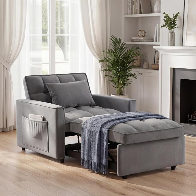 Sleeper Chair, Pull Out Chair Sleeper with Adjustable Back & Pocket, Convertible Chairs Bed Sleepers for Adults, 3 in 1 Sofa Bed Chairs for Small Spaces, Living Room, Gray