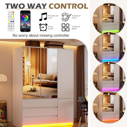 PAKASEPT 3 Doors Armoire Wardrobe Closet, 72.83" H Bedroom Armoires | Clothing Storage Cabinet with Mirror & Lights, 3 Drawers, Hanging Rod & Shelves for Bedroom