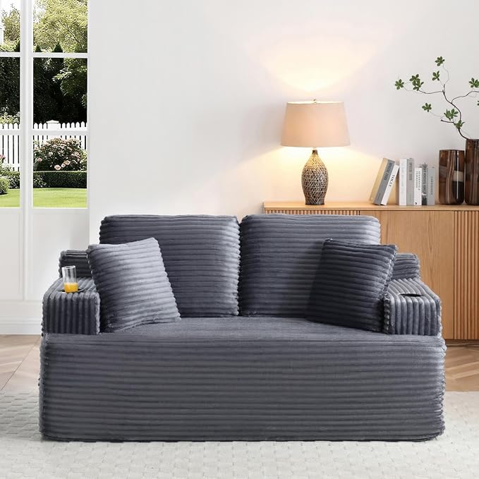 66.5'' Boneless Sofa Couch with Cup Holders & Side Pockets, Modern Corduroy Fabric Upholstered Loveseat Couch with 2 Throw Pillows for Living Room Office, No Assembly (Grey)