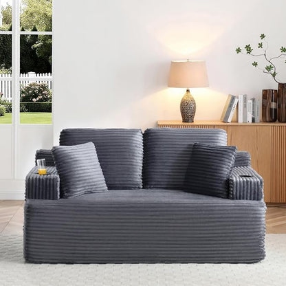 66.5'' Boneless Sofa Couch with Cup Holders & Side Pockets, Modern Corduroy Fabric Upholstered Loveseat Couch with 2 Throw Pillows for Living Room Office, No Assembly (Grey)