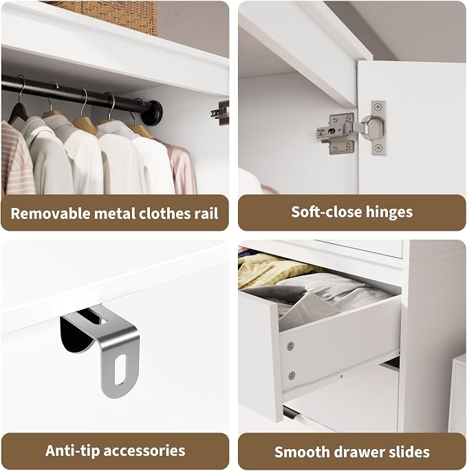 Garvee 70" Wardrobe Armoire Wooden Closet with 2 Doors and 3 Drawers, Bedroom Armoire with Hanging Rod Shelf, Large Capacity Storage Wardrobe Armoire, Freestanding Wooden Closet Storage Cabinet